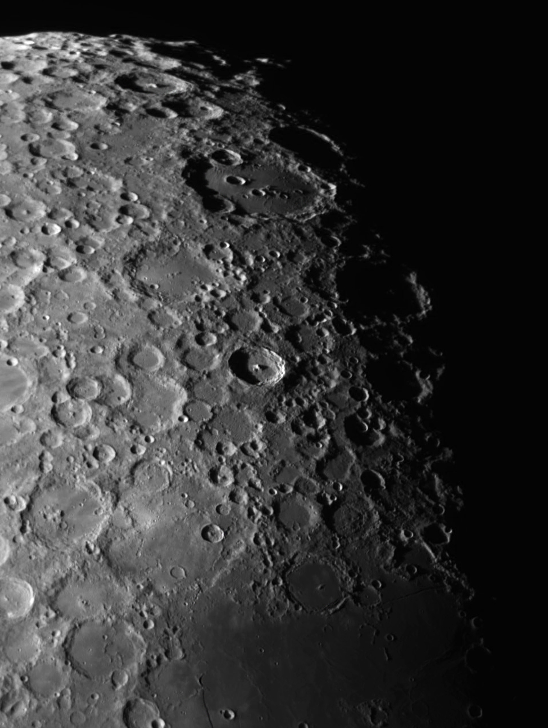 Clavius 22 Jan 2021.Celestron C8. f10. 1520  frames. This and the next 3 images are of the moon at 9.6 days by Ken Kennedy